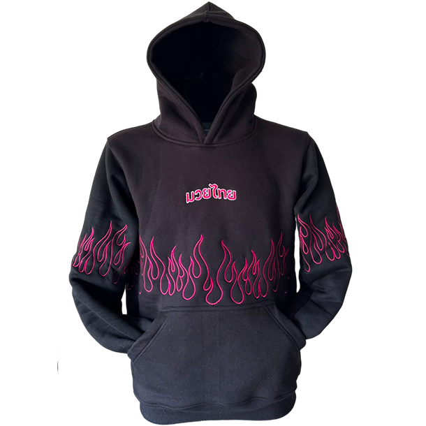 Pink Fire Muay Thai Hoodie with Thai text saying Muay Thai