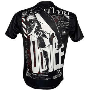 Back of black and white Muay Thai T-Shirt with fighter kneeing. 