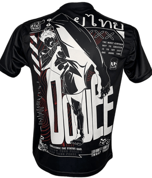Back of black and white Muay Thai T-Shirt with fighter kneeing. 