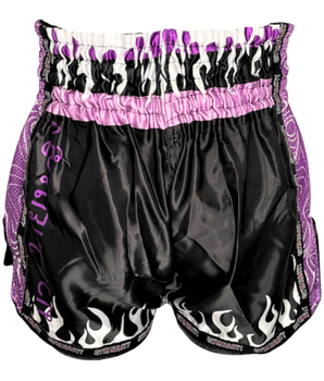 Back of Black and purple muay thai shorts