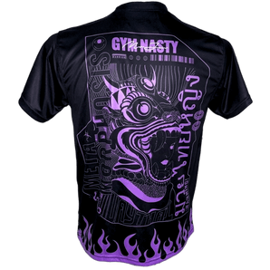 Back of black and purple muay thai t-shirt with mythical Thai head