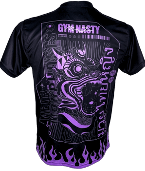Back of black and purple muay thai t-shirt with mythical Thai head