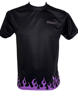 Front of black and purple flame muay thai t-shirt