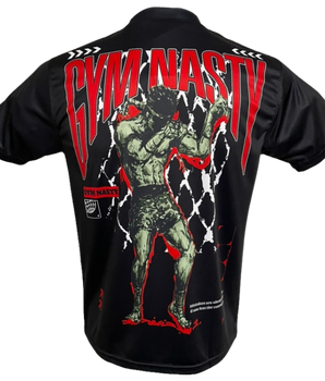 Back of black t-shirt with Muay Thai fighter in a traditional Thai stance in a graffiti style