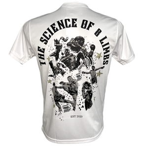 Back of white training t-shirt with "The Science of 8 Limbs" and print of different fighters