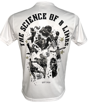 Back of white training t-shirt with "The Science of 8 Limbs" and print of different fighters