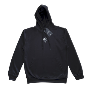 Front of Black sports hoodie with simple GYM NASTY arm logo