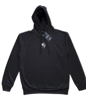 Front of Black sports hoodie with simple GYM NASTY arm logo