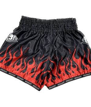 Back of black Muay Thai shorts with red flames